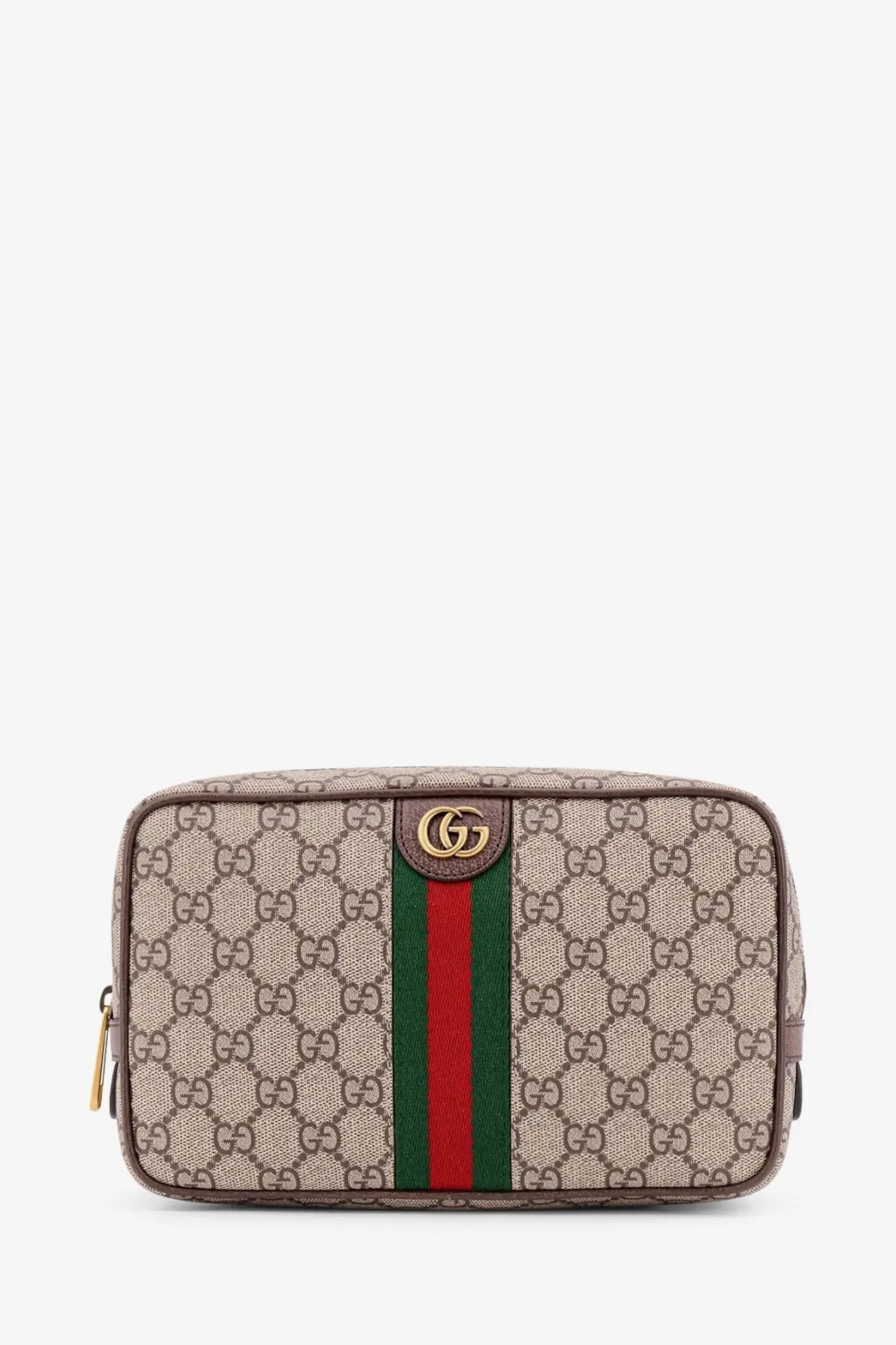 Beige and brown gucci gg supreme canvas wash bag with red and green striped webbing from gucci men’s savoy clutch