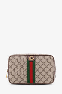 Beige and brown gucci gg supreme canvas wash bag with red and green striped webbing from gucci men’s savoy clutch