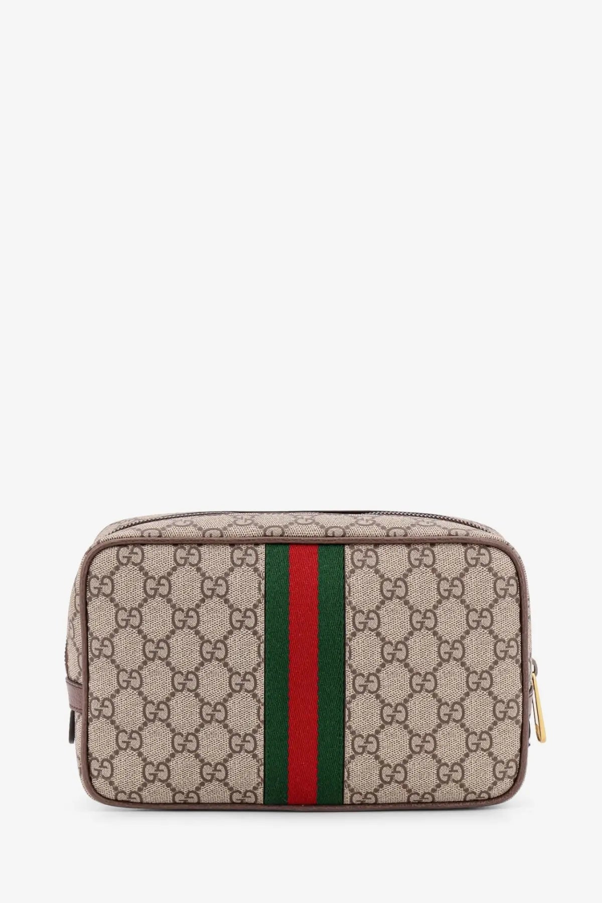 Beige and brown gucci gg supreme canvas toiletry bag with red and green striped webbing for men clutch use