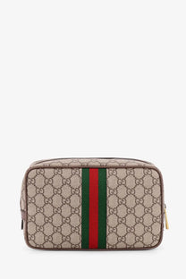 Beige and brown gucci gg supreme canvas toiletry bag with red and green striped webbing for men clutch use