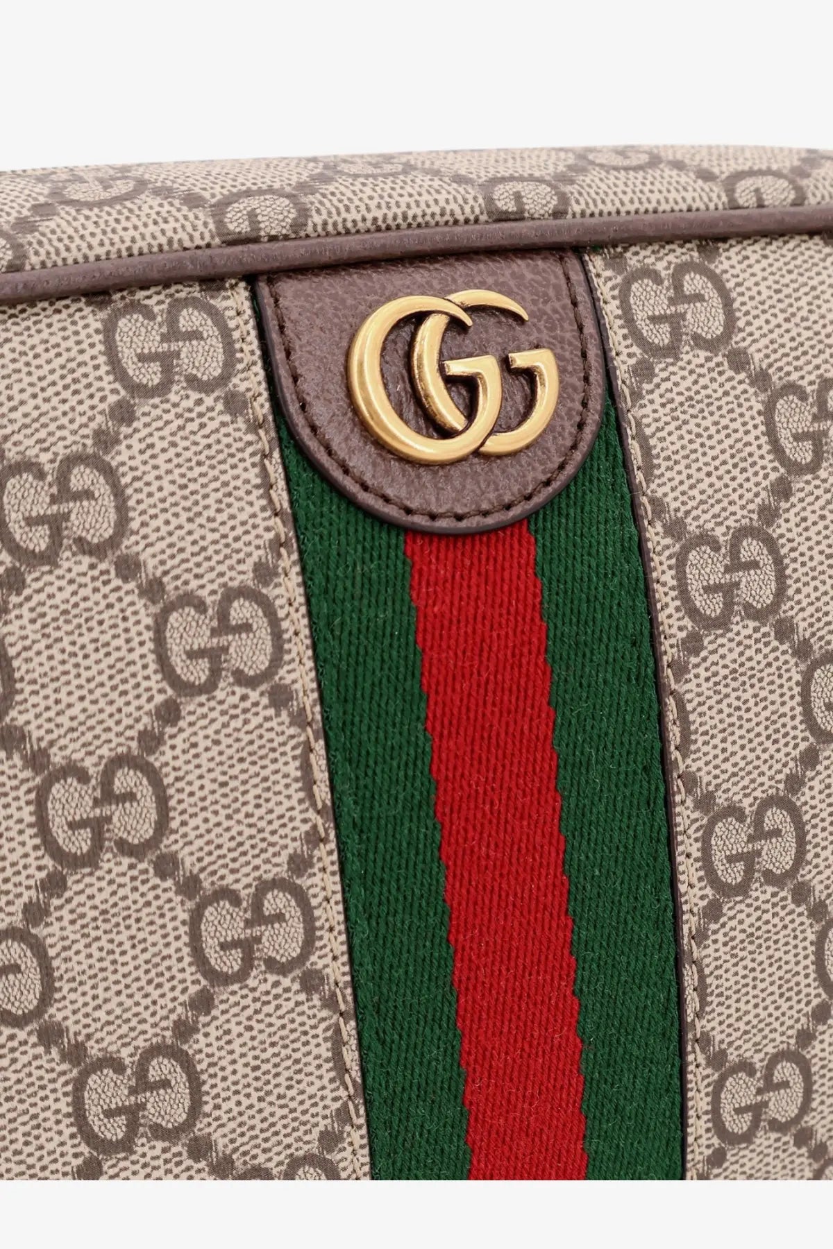 Beige and brown gucci men’s savoy gg fabric clutch with green red striped webbing and gold-tone interlocking g logo