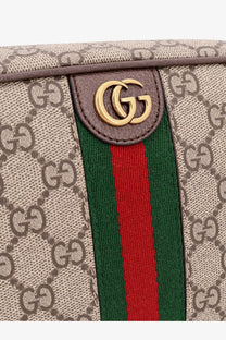 Beige and brown gucci men’s savoy gg fabric clutch with green red striped webbing and gold-tone interlocking g logo