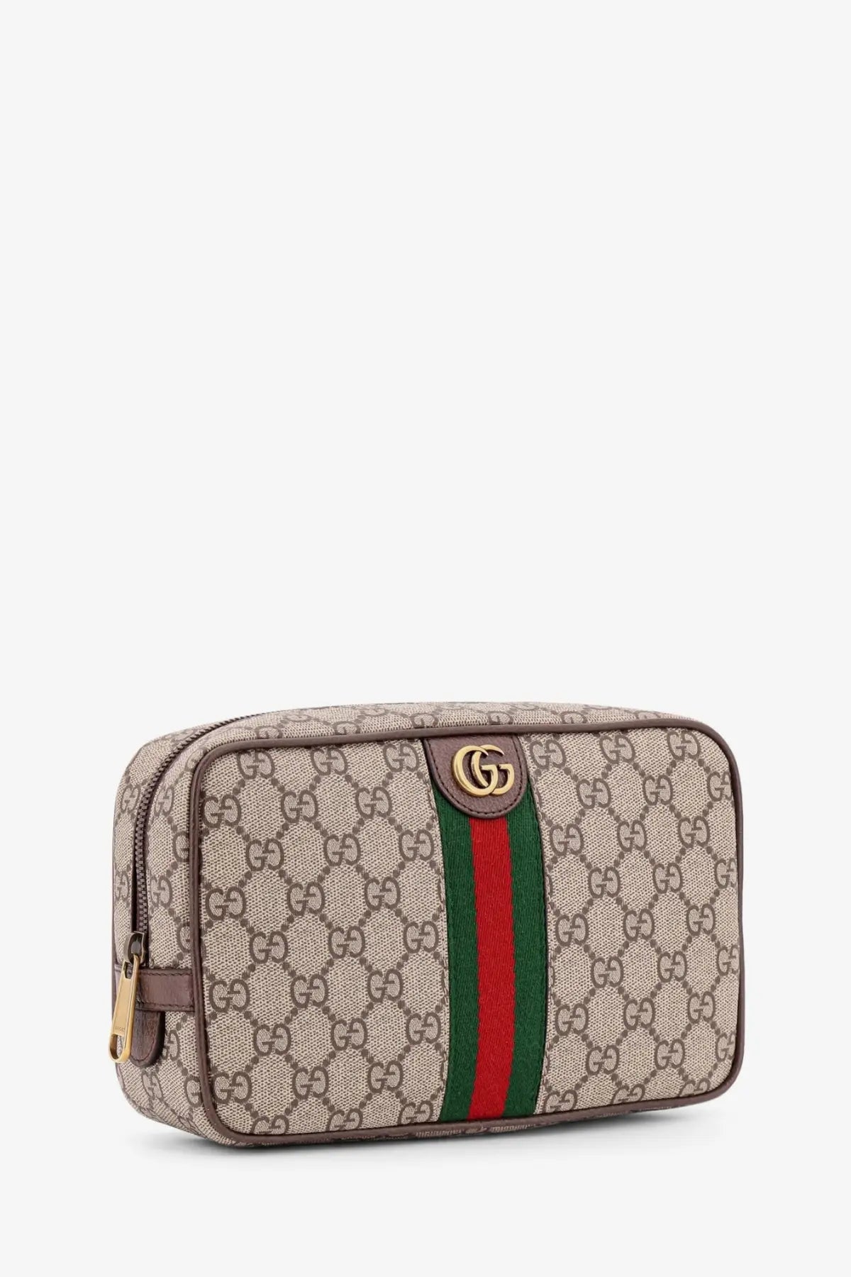 Beige and brown gucci gg supreme canvas toiletry bag with red and green striped webbing and gold-tone hardware