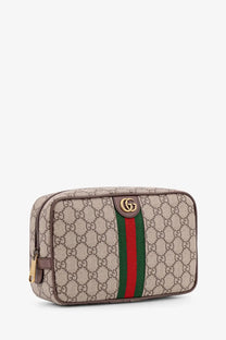 Beige and brown gucci gg supreme canvas toiletry bag with red and green striped webbing and gold-tone hardware