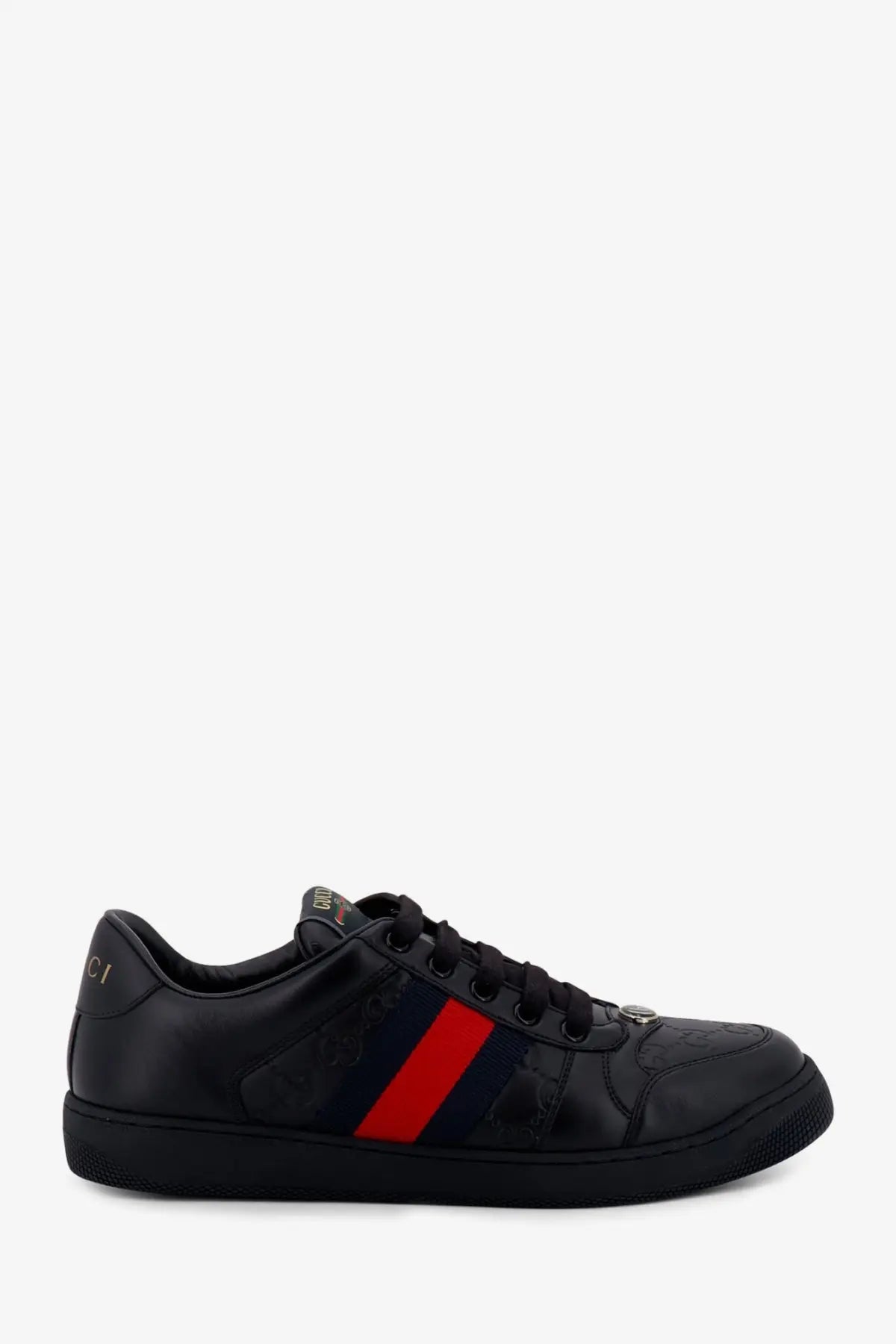 Gucci men’s screener leather sneakers black with bold red and navy stripe across the side