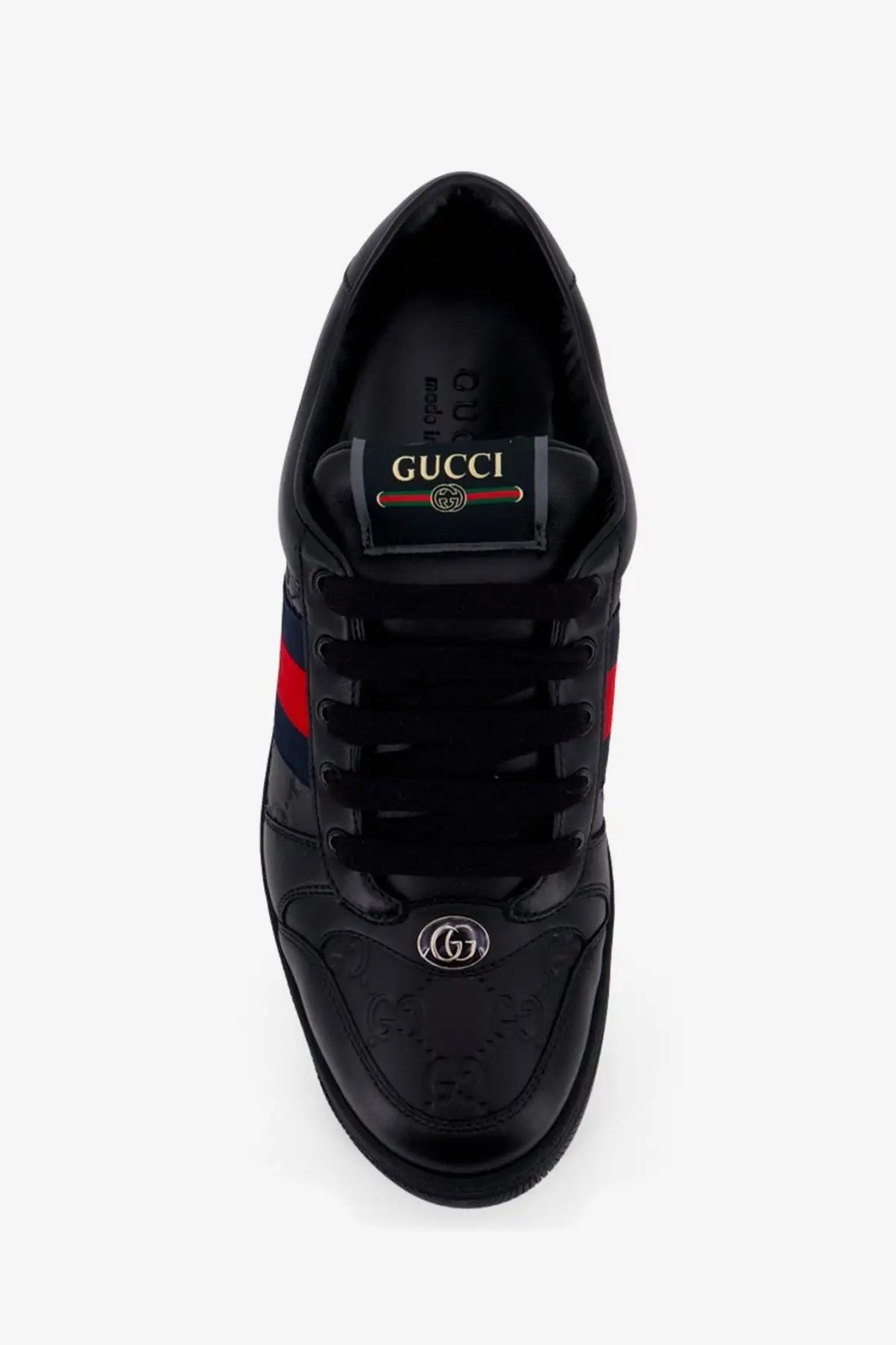 Gucci men’s Screener leather sneakers black with red and green stripes and metallic GG logo on the toe