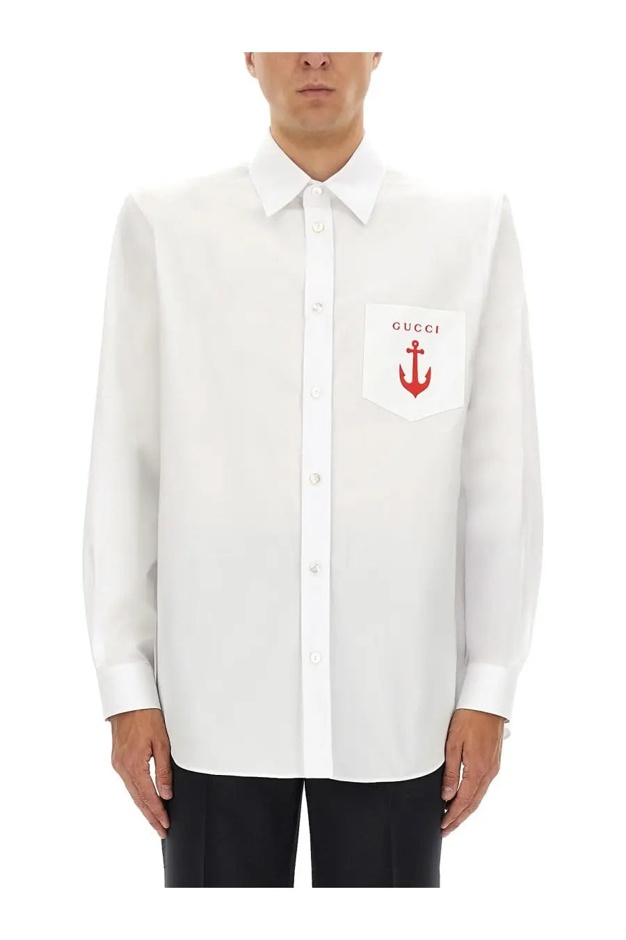 White Gucci men’s button-down shirt with red anchor embroidery on the chest pocket for casual wear