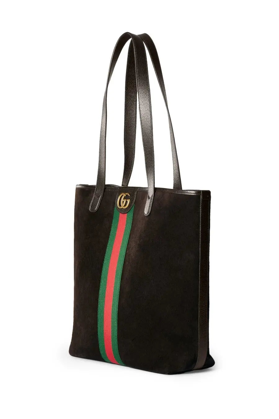 Black suede gucci men’s shopping tote bag with green and red striped webbing and gold interlocking gg logo hardware