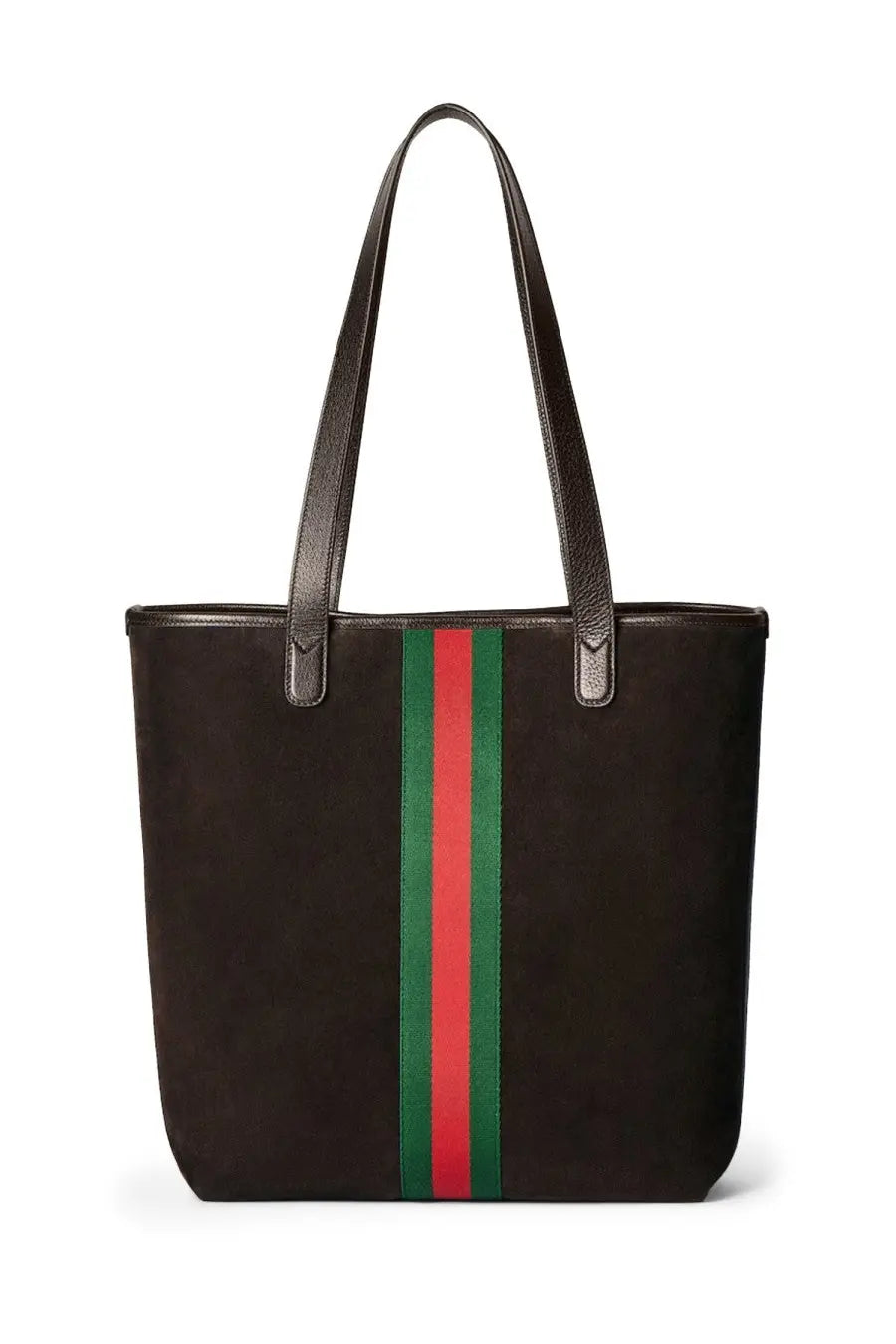 Black gucci men’s shopping tote bag with signature red and green striped webbing down the center