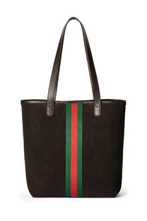 Black gucci men’s shopping tote bag with signature red and green striped webbing down the center