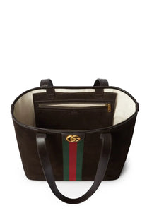 Brown suede gucci men’s shopping bag ophidia tote with red and green striped webbing and gold-tone gg logo hardware