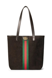 Gucci men’s shopping bag Ophidia brown suede tote with red and green striped webbing and gold gg logo plaque