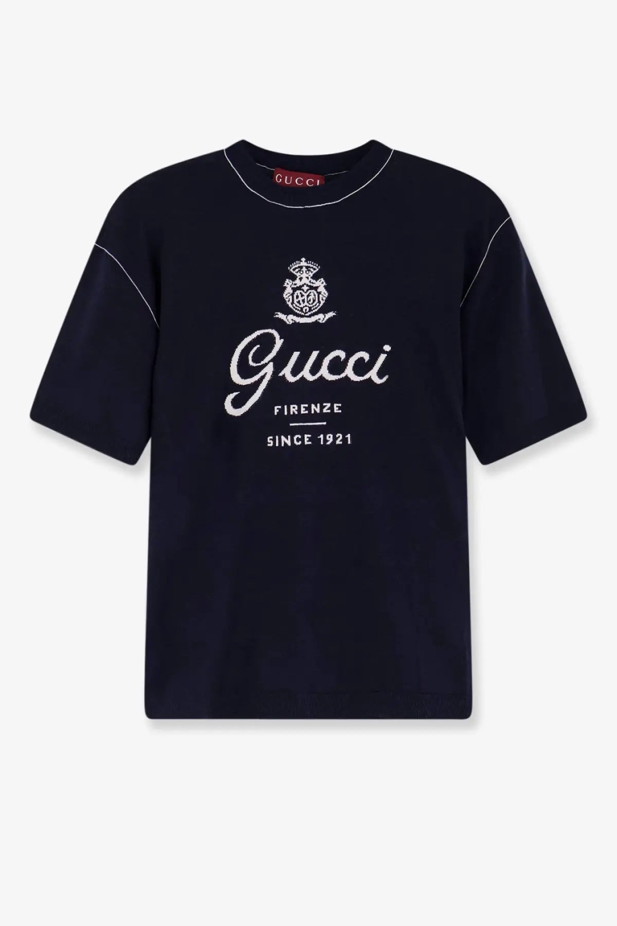 Navy blue Gucci men’s silk and linen t-shirt with white embroidered logo and contrasting white stitching details