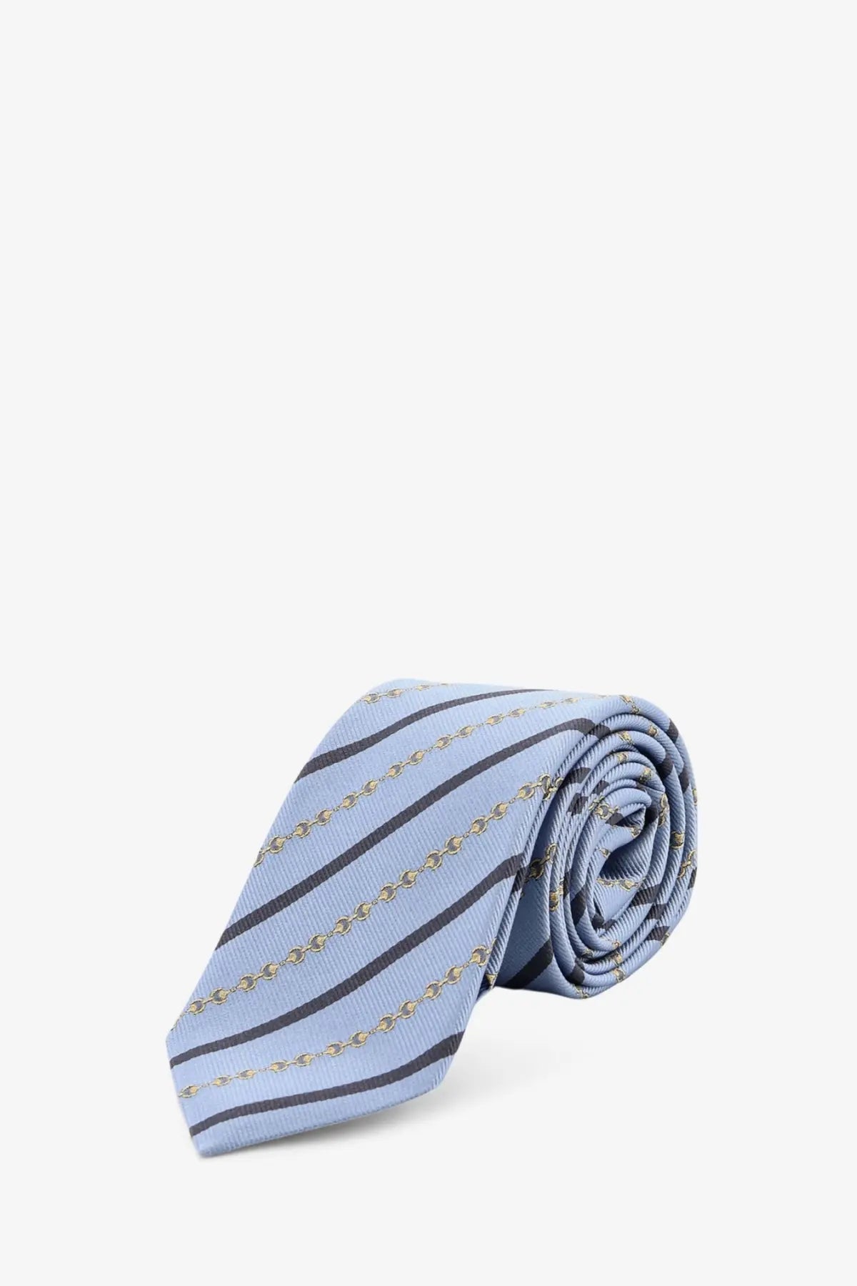 Gucci men’s silk tie grey light blue with dark gray diagonal stripes and gold chain motifs elegant formal accessory