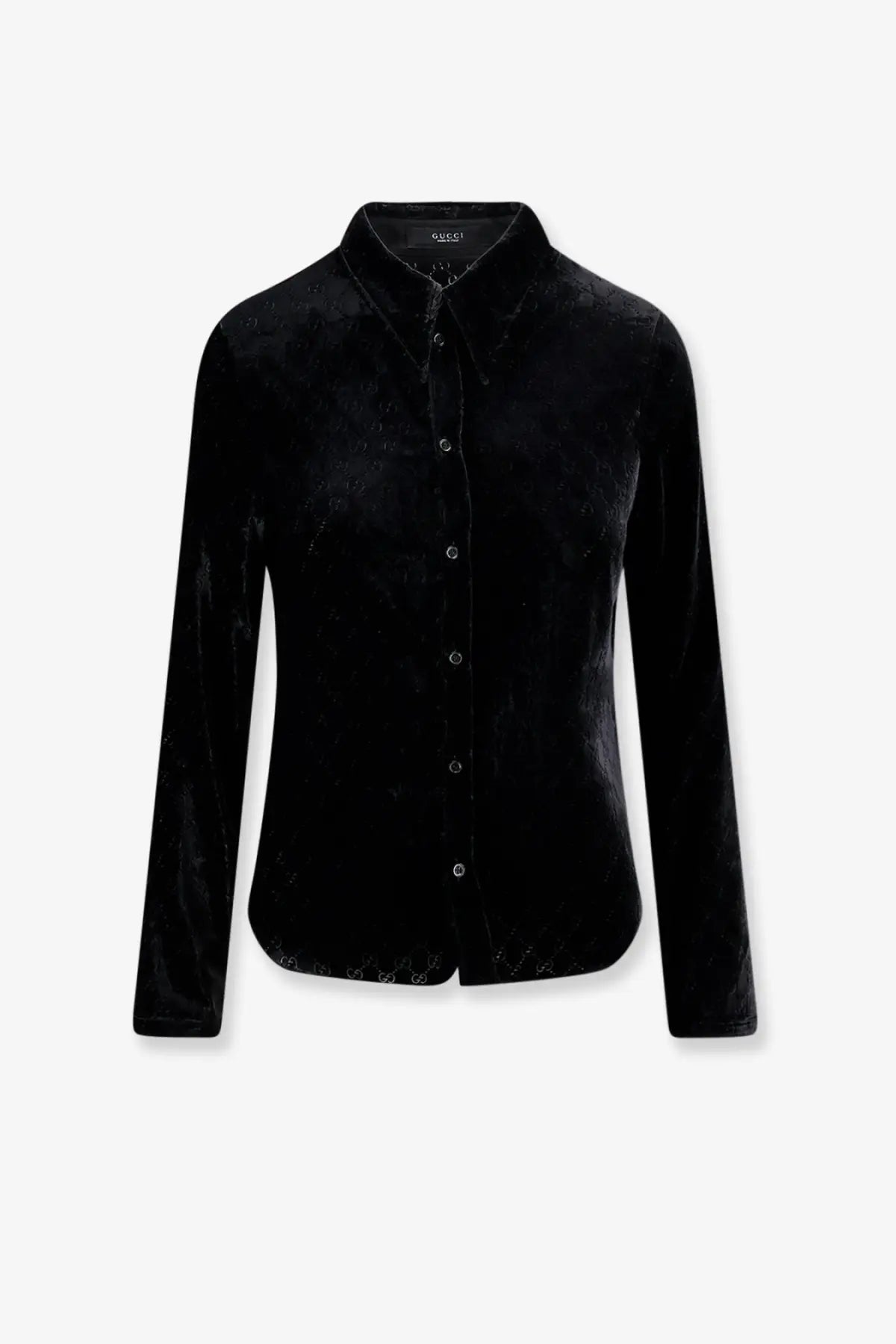 Black velvet Gucci men’s button-up shirt with stretch fabric and subtle interlocking GG logo pattern in black color