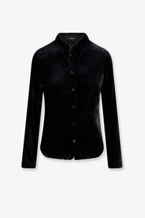 Black velvet Gucci men’s stretch button-up shirt in black with subtle interlocking GG logo pattern