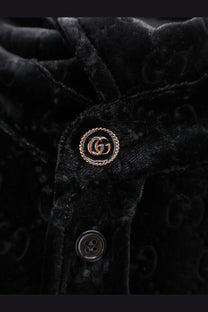 Gucci men’s black stretch velvet jacket with gold-tone double G logo button perfect for stylish wear