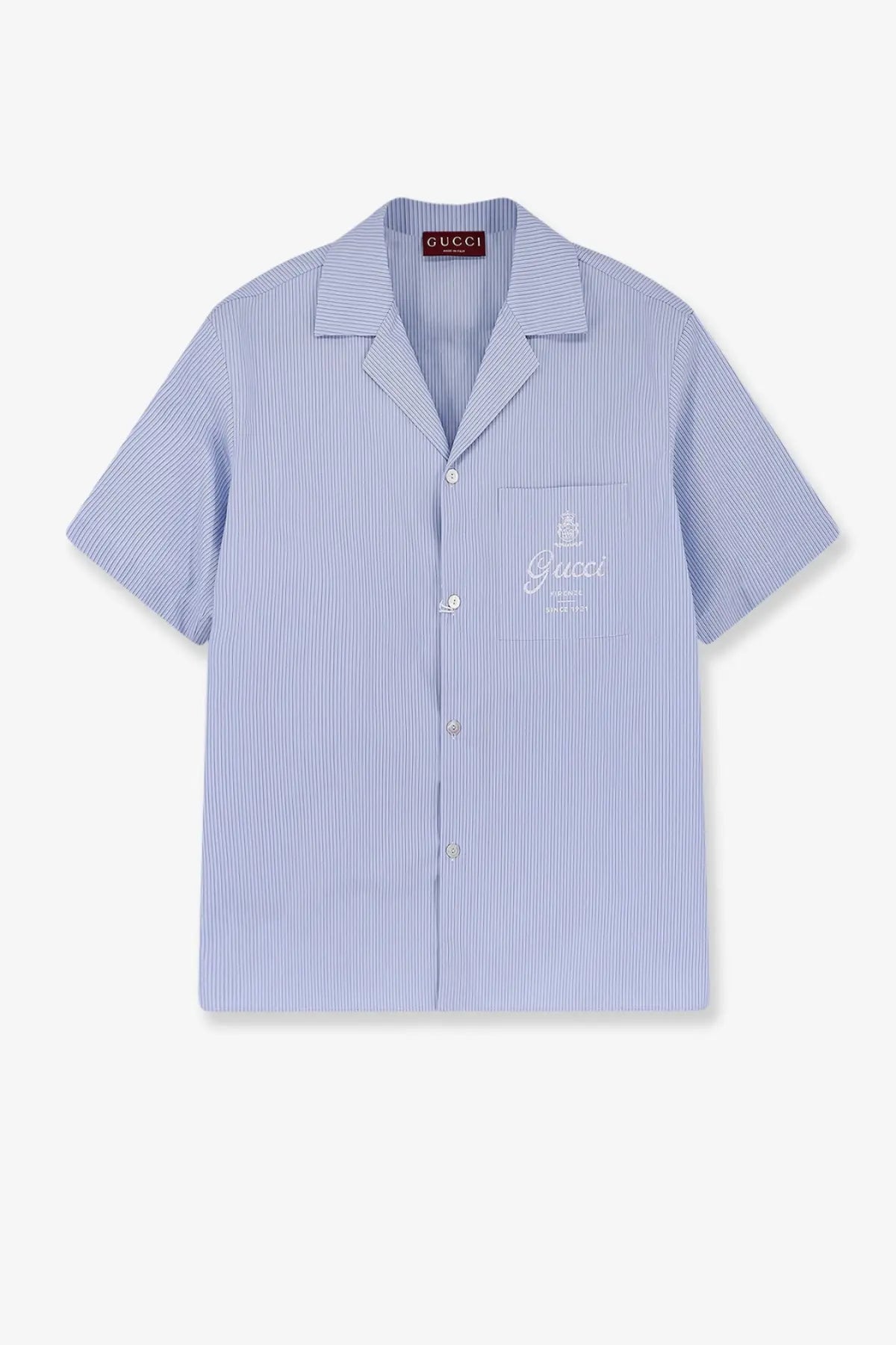 Gucci men’s light blue and white striped cotton shirt with short sleeves and embroidered logo on the chest pocket