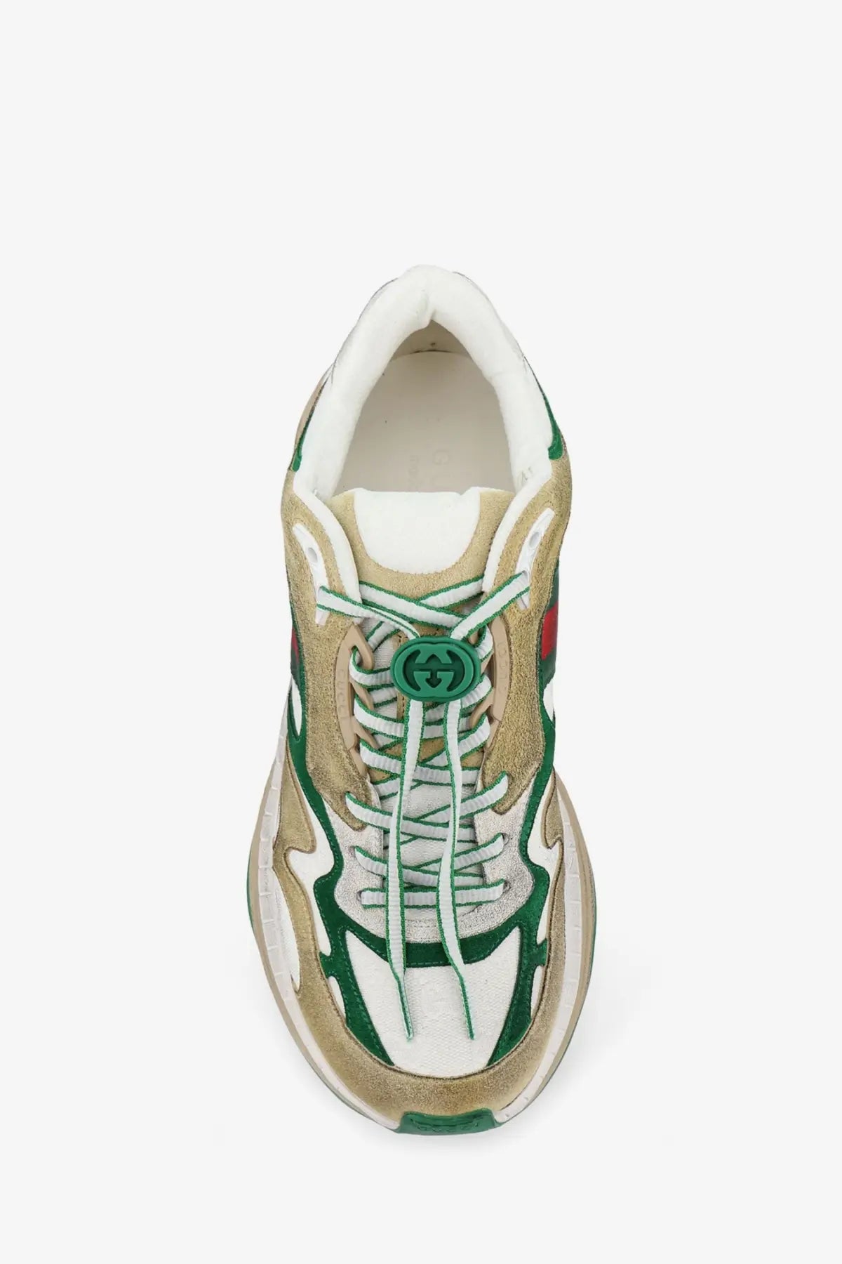 Gucci men’s suede sneakers van gw in green and beige with chunky sole white laces and signature branding on the tongue