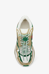 Gucci men’s suede sneakers van gw in green and beige with chunky sole white laces and signature branding on the tongue