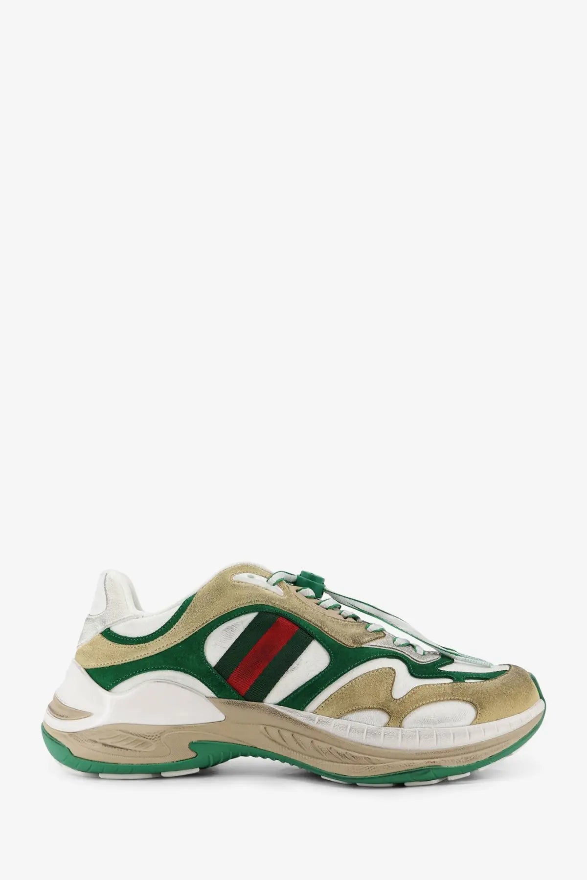 Gucci men’s suede sneakers van gw in green and beige with red stripe featuring suede and mesh athletic design