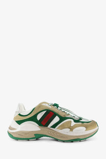 Gucci men’s suede sneakers van gw in green and beige with bold red stripe featuring suede and mesh materials