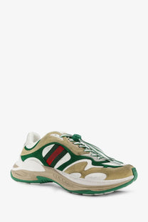 Gucci men’s suede sneakers van gw in green and beige with red stripe detailing front view