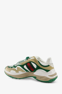 Gucci men’s suede sneakers van gw in green and beige with red and black striped accents