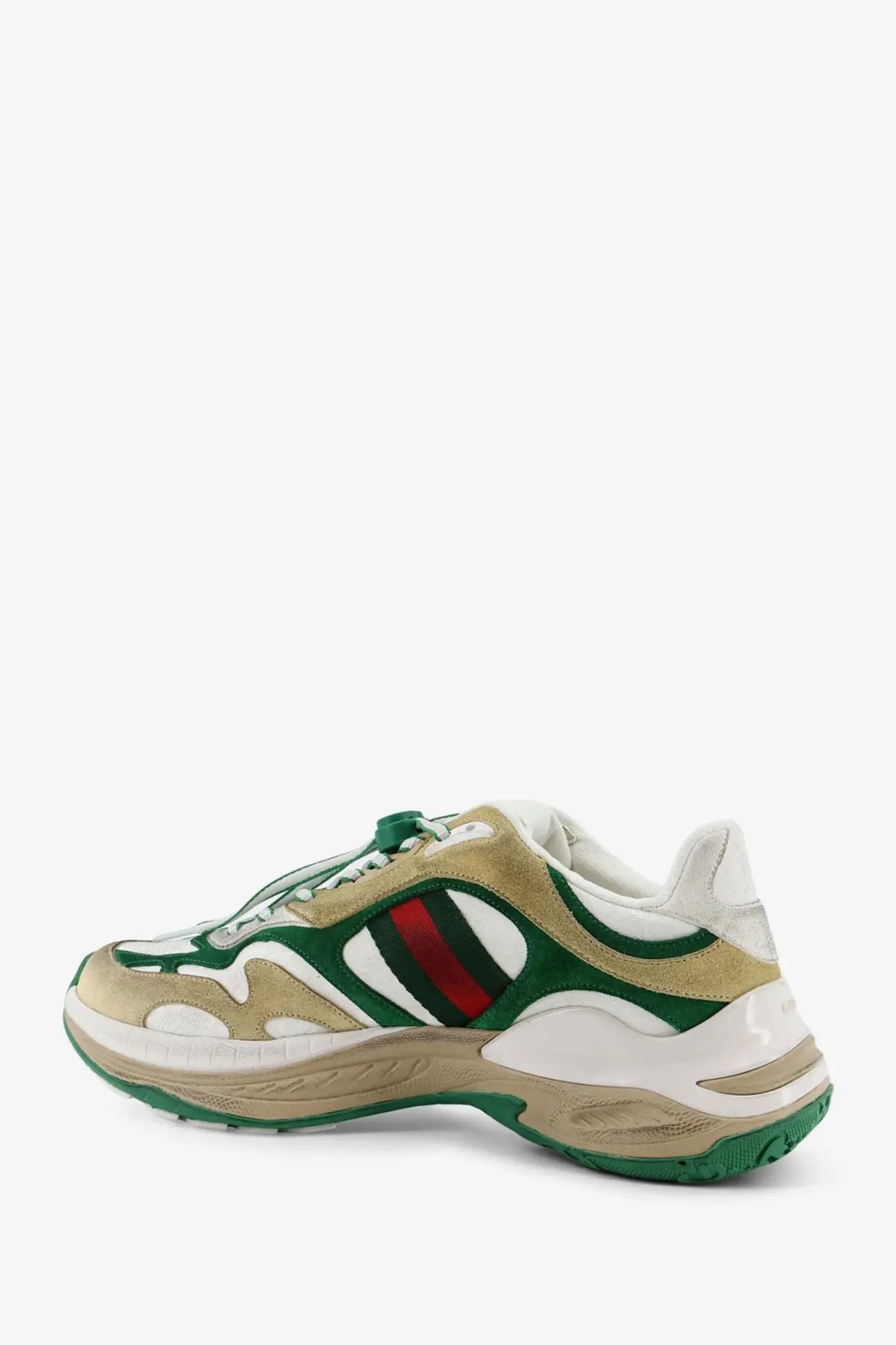 Green and beige gucci men’s suede sneakers van gw with red and black striped accents