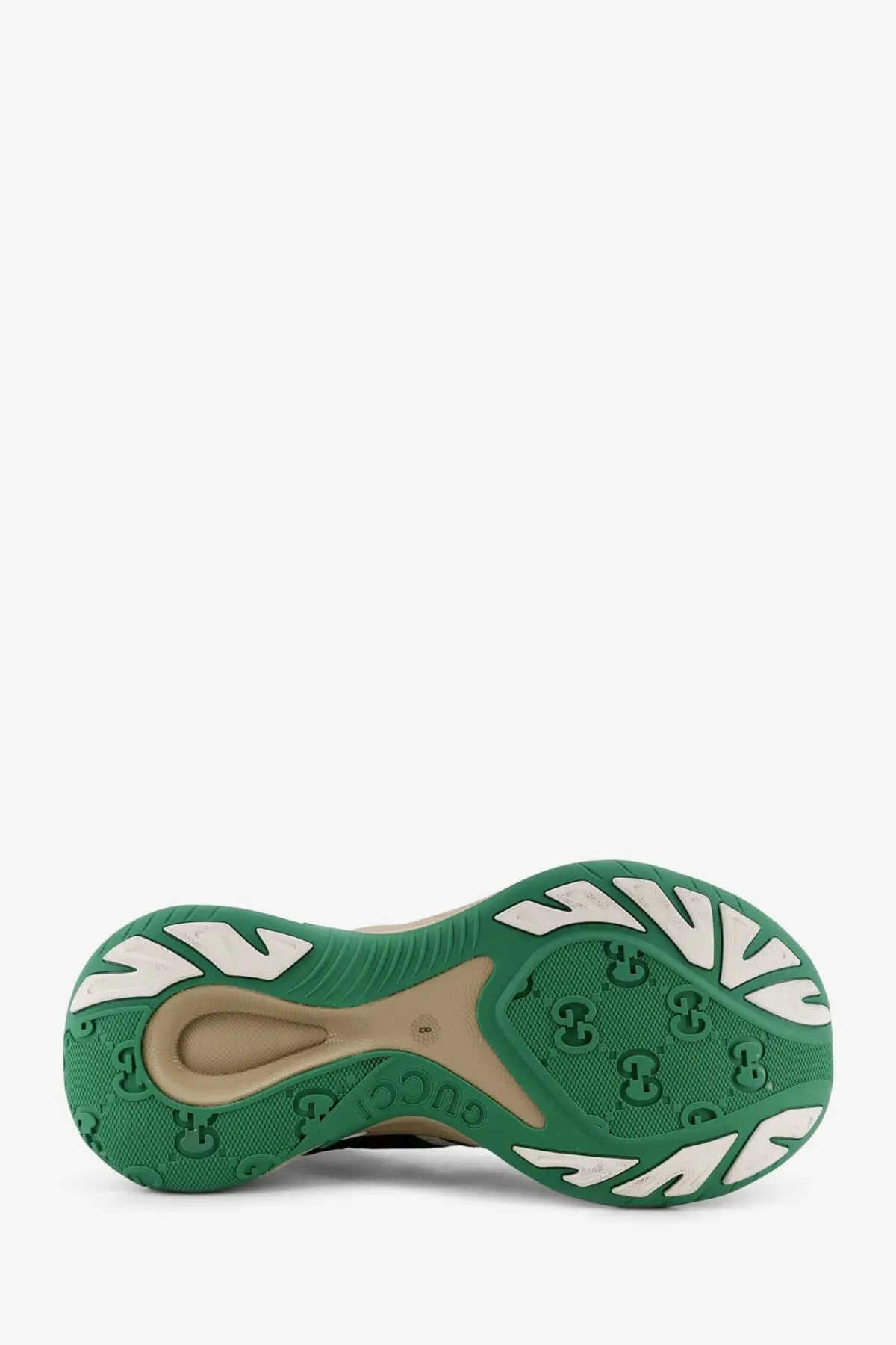 Green and white rubber sole of gucci men’s suede sneakers van gw featuring a distinctive gucci logo pattern