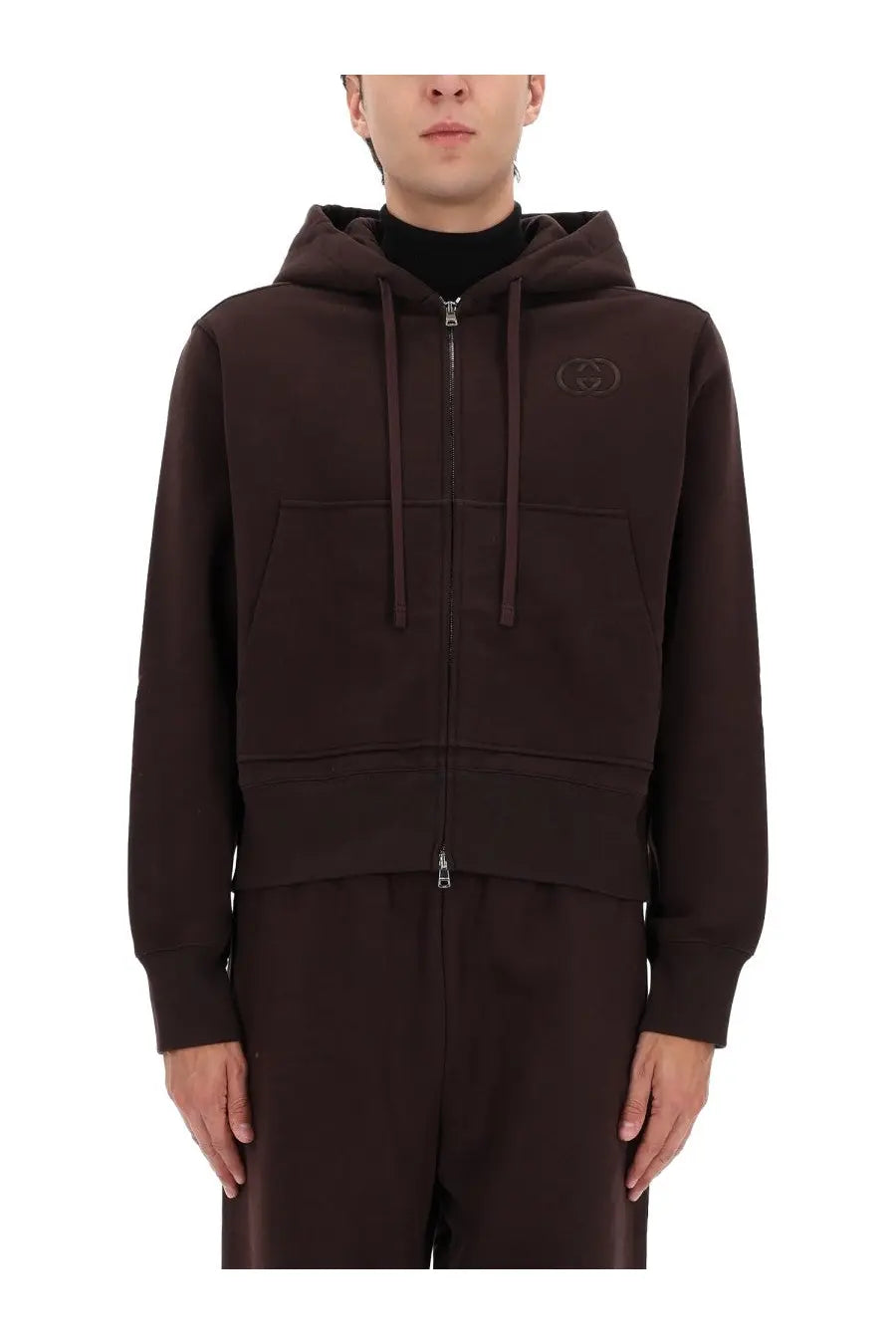 Gucci men’s brown sweatshirt hoodie with subtle embroidered logo on chest and matching drawstrings in dark brown