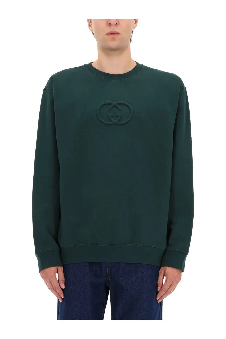 Dark green Gucci men’s sweatshirt with embroidered interlocking G logo on the chest in soft cotton material