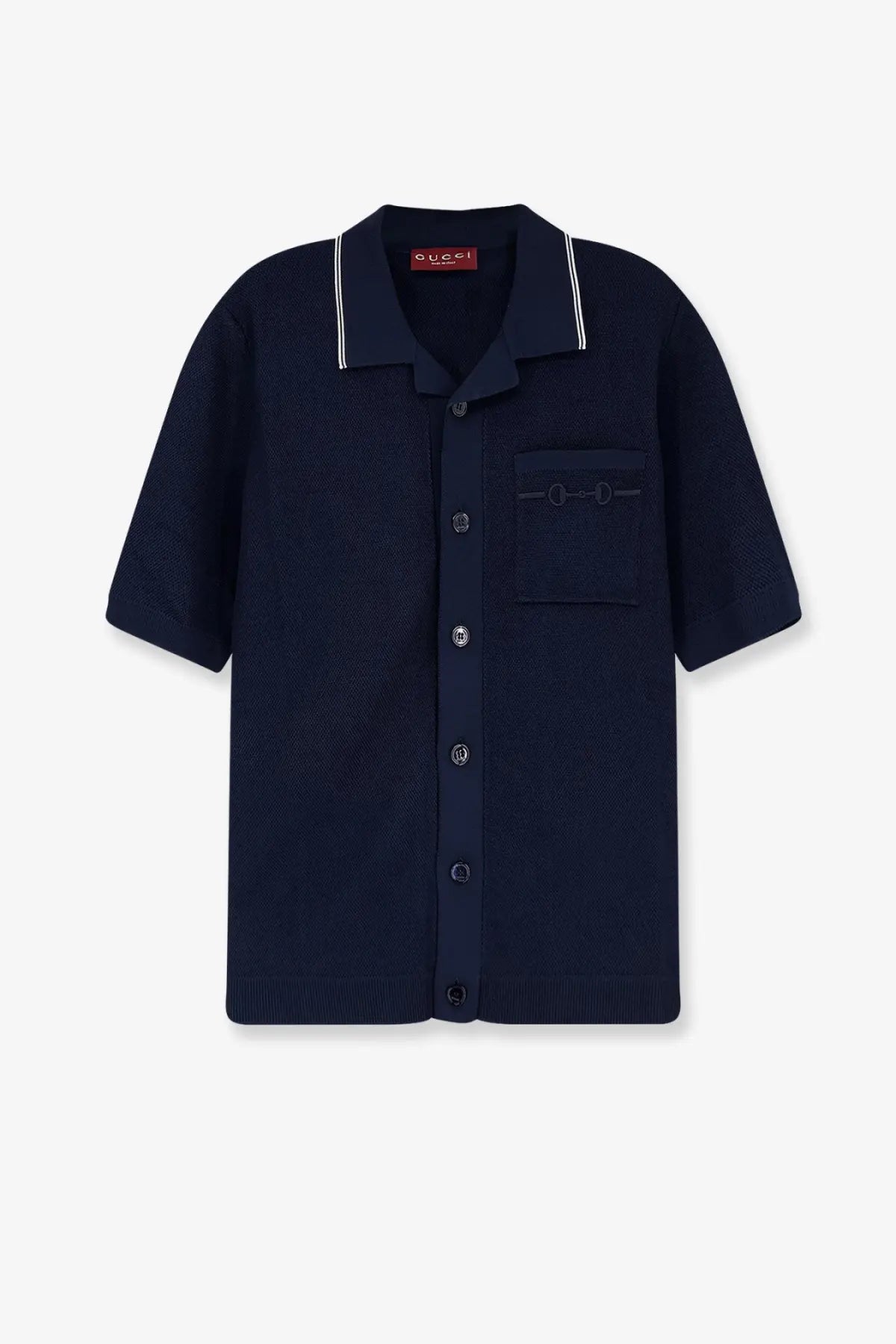 Gucci men’s dark navy viscose blend short-sleeved knit cardigan with white-trimmed collar and button closure