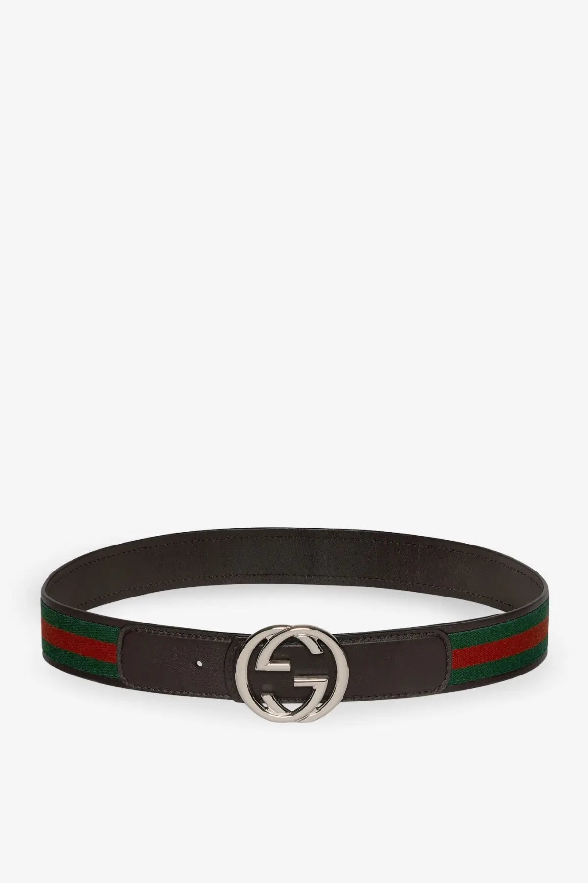 Gucci men’s leather belt with black leather, red and green striped webbing, and silver interlocking gg buckle