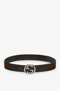 Gucci men’s leather belt with black leather, red and green striped webbing, and silver interlocking gg buckle