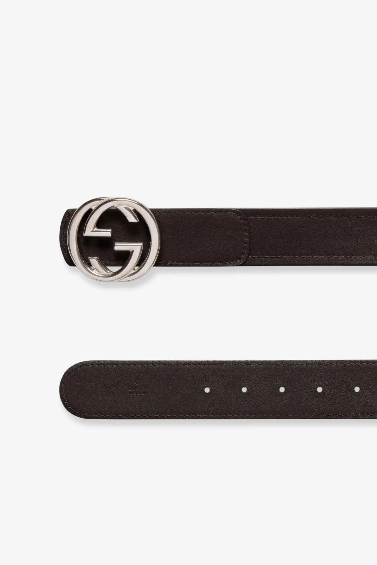 Dark brown leather Gucci men’s belt with polished silver-toned interlocking gg buckle and web fabric details