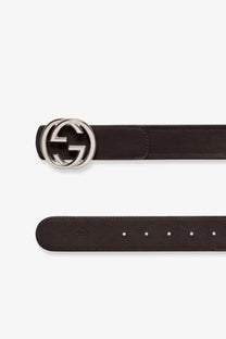 Dark brown leather Gucci men’s belt with polished silver-toned interlocking gg buckle and web fabric details