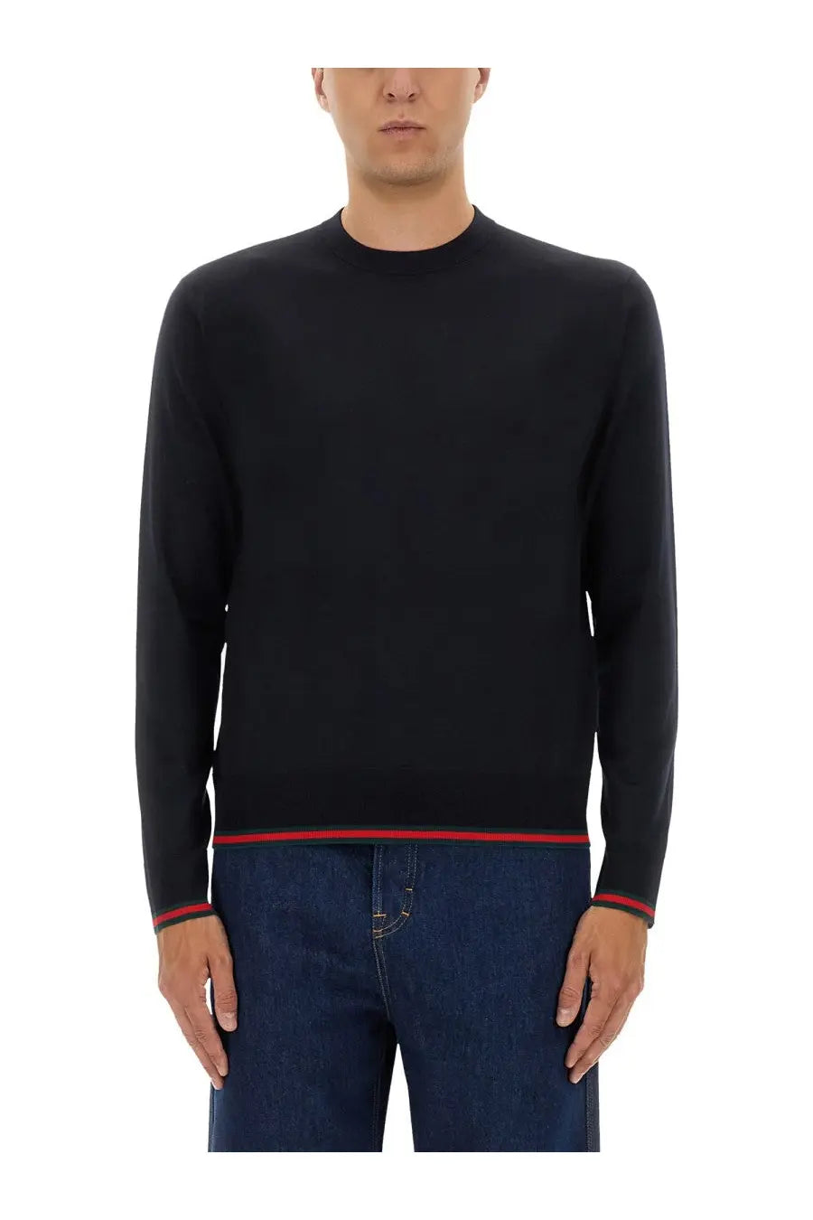 Black crewneck Gucci men’s sweater with red trim at hem and cuffs featuring web pattern in blue
