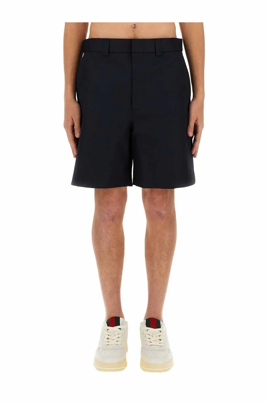 Black tailored shorts with structured waistband and straight-leg cut from gucci men’s web ribbon shorts blue collection