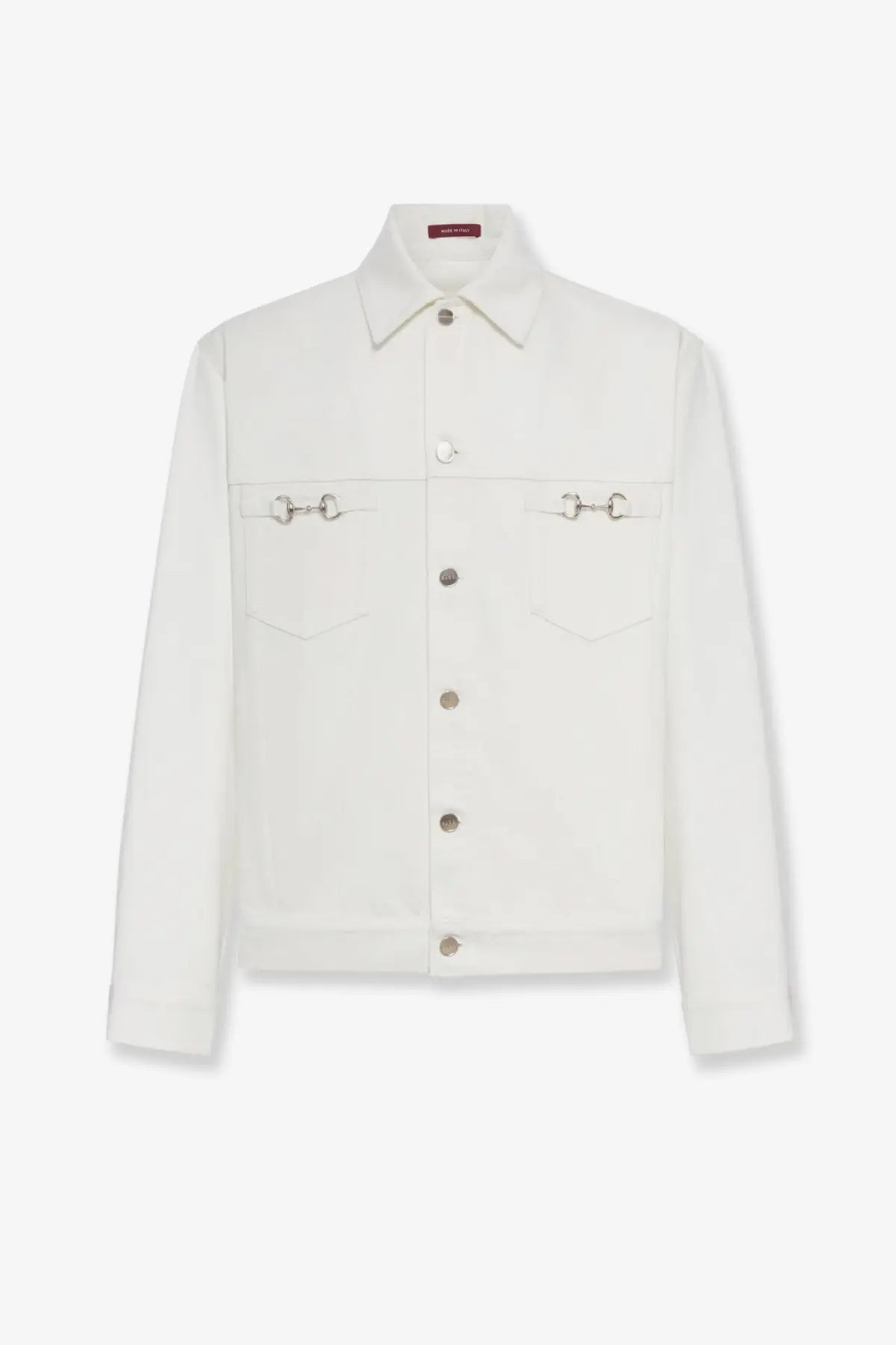 Gucci men’s white denim jacket with silver horsebit-style hardware on chest pockets in white denim material