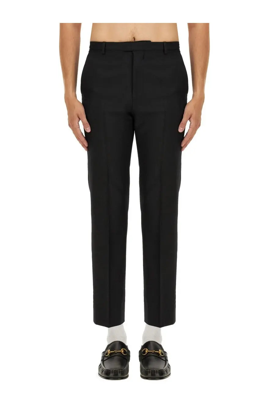 Gucci men’s black wool blend twill pants with tailored fit straight-leg cut and subtle front creasing