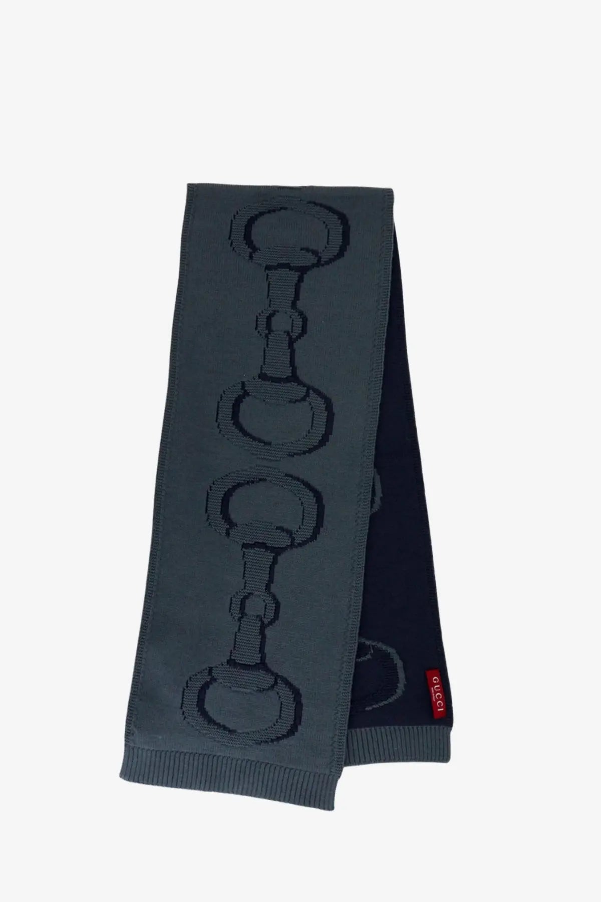 Gucci men’s wool scarf graphite in dark gray with horsebit pattern and visible Gucci brand tag at one end