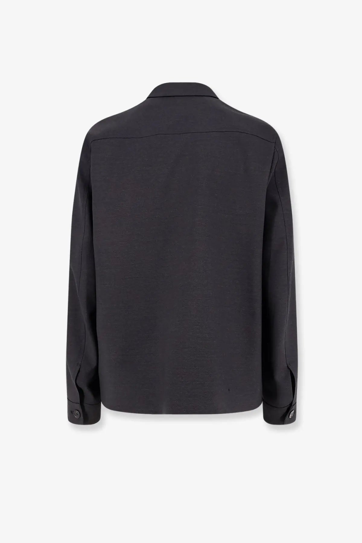 Black long-sleeved men’s wool shirt jacket with structured collar and buttoned cuffs by Gucci