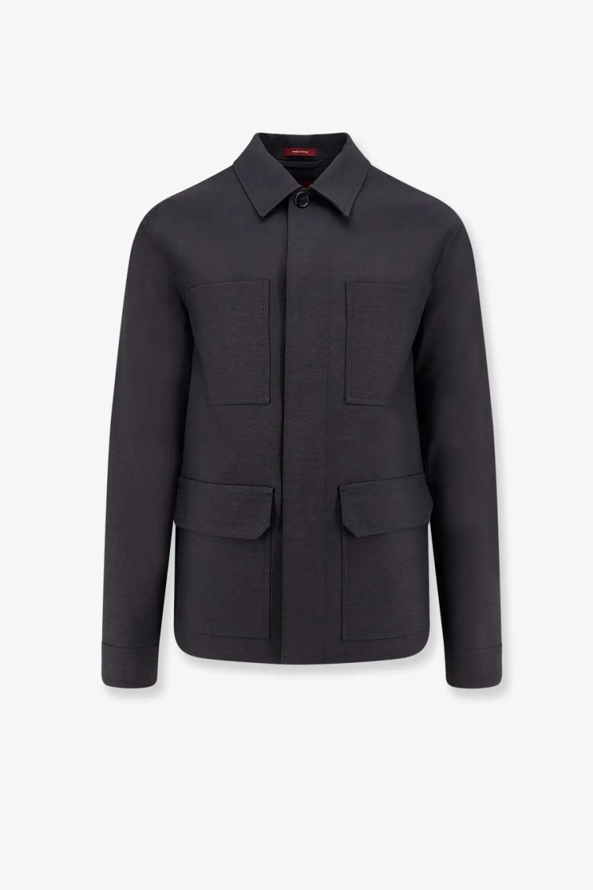 Black woolen Gucci men’s shirt jacket in grey with four flap pockets and a classic collar