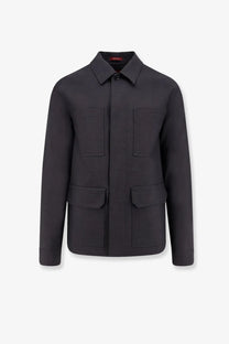 Black woolen Gucci men’s shirt jacket in grey with four flap pockets and a classic collar