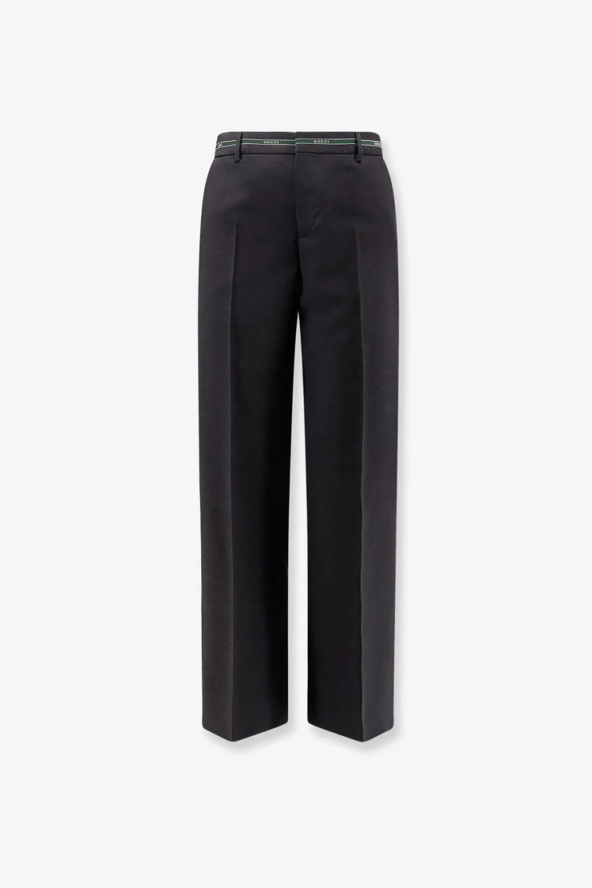 Gucci men’s wool trousers grey with black wide-leg tailored fit and subtle front pleats