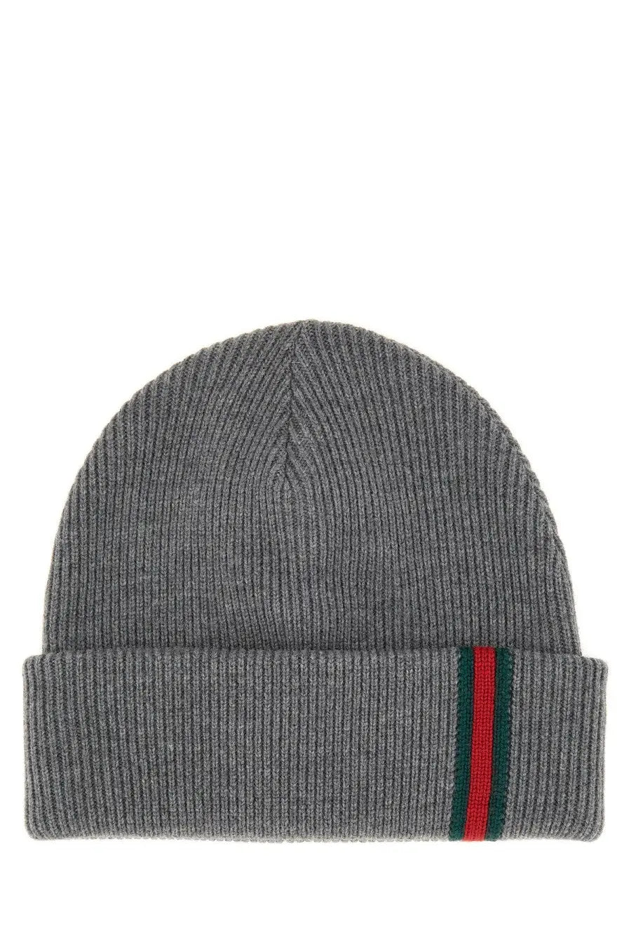 Gucci men’s grey woolen hat with ribbed knit, folded cuff, and green red striped web detail