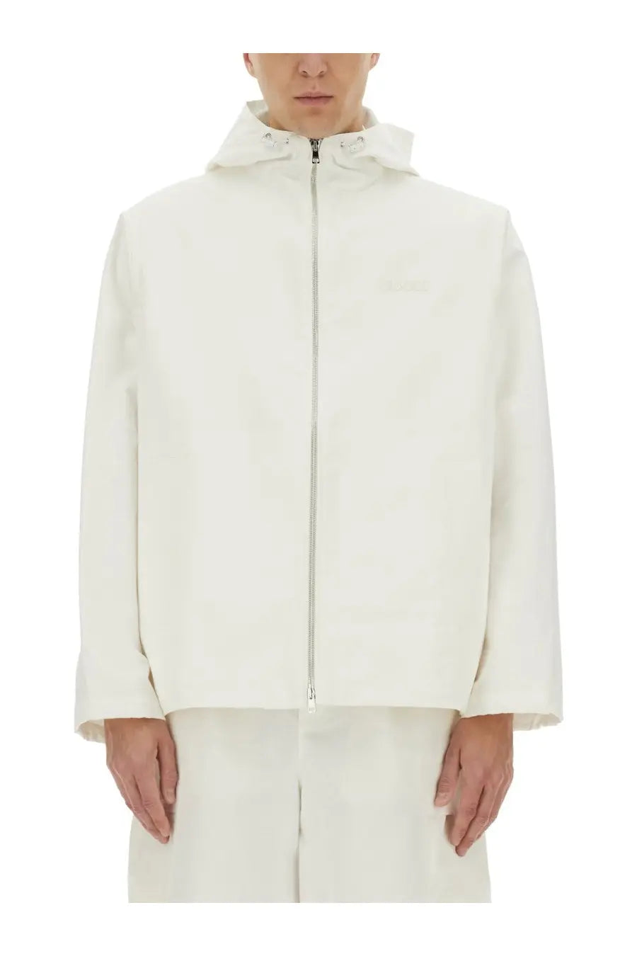 Gucci men’s white hooded jacket with full-length zipper and subtle chest branding in sweatshirt material