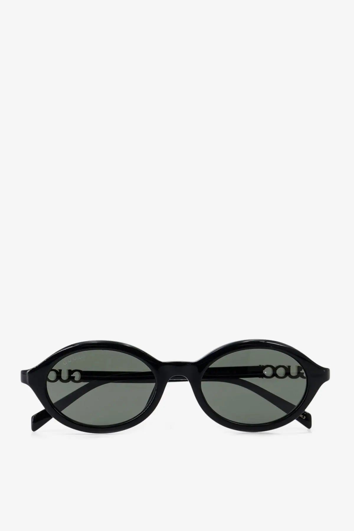 Gucci women’s black acetate sunglasses with black oval-shaped frame and dark gray lenses for stylish sun protection