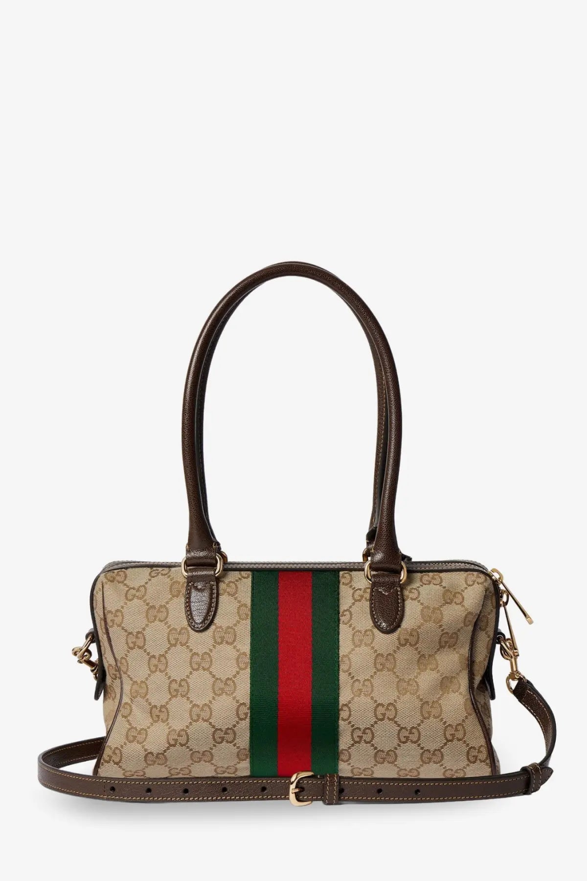 Beige and brown gucci womens borsetto gg fabric crossbody bag with red and green stripe leather handles and strap